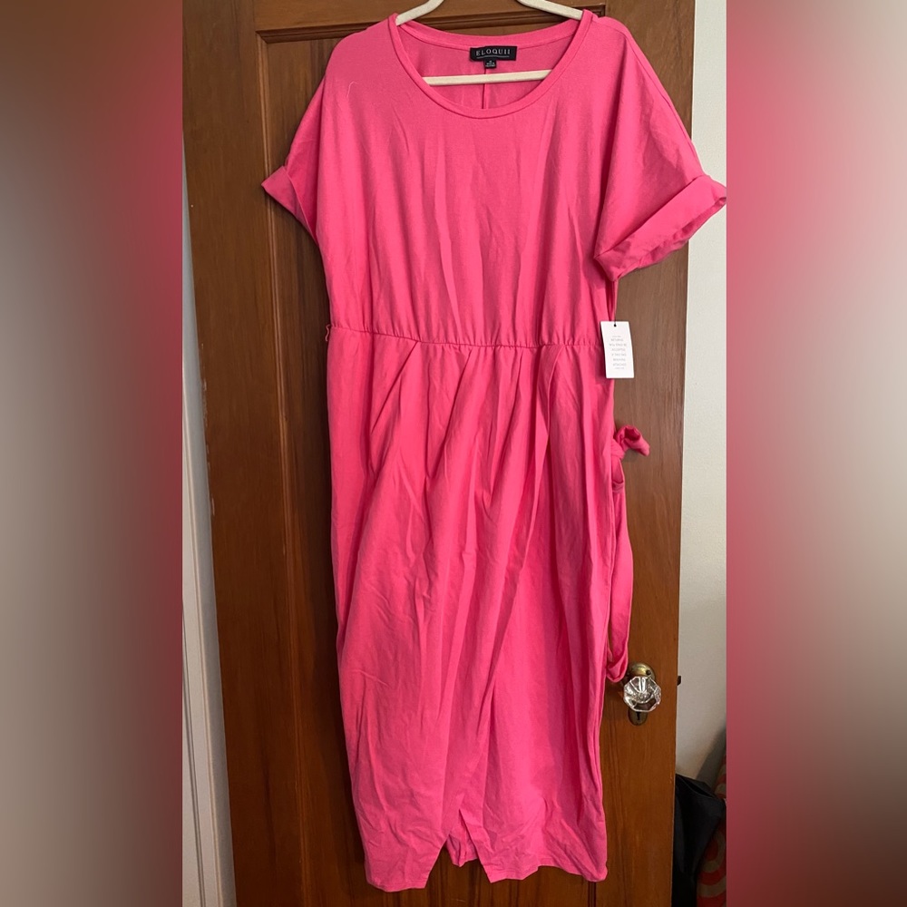 Eloquii Pink Belted Maxi Dress with Tulip Waist and Cuffed Sleeves